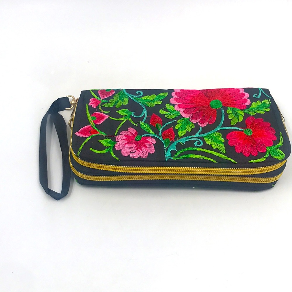 Imported Embroidered Floral Flap Wallet Wristlet